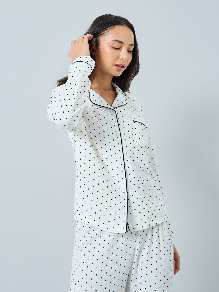 White Polka Dot Print Piped Shirt and Pyjama Set
