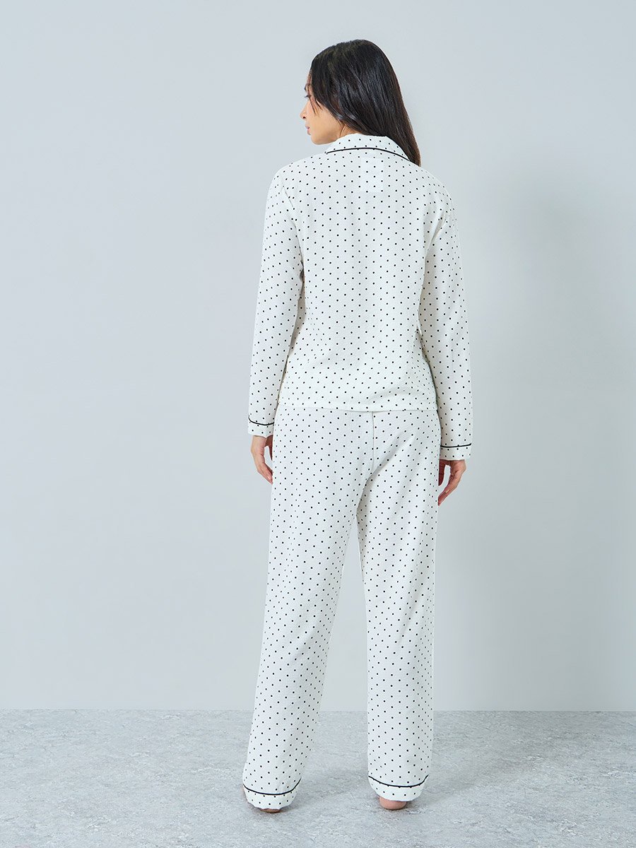 White Polka Dot Print Piped Shirt and Pyjama Set