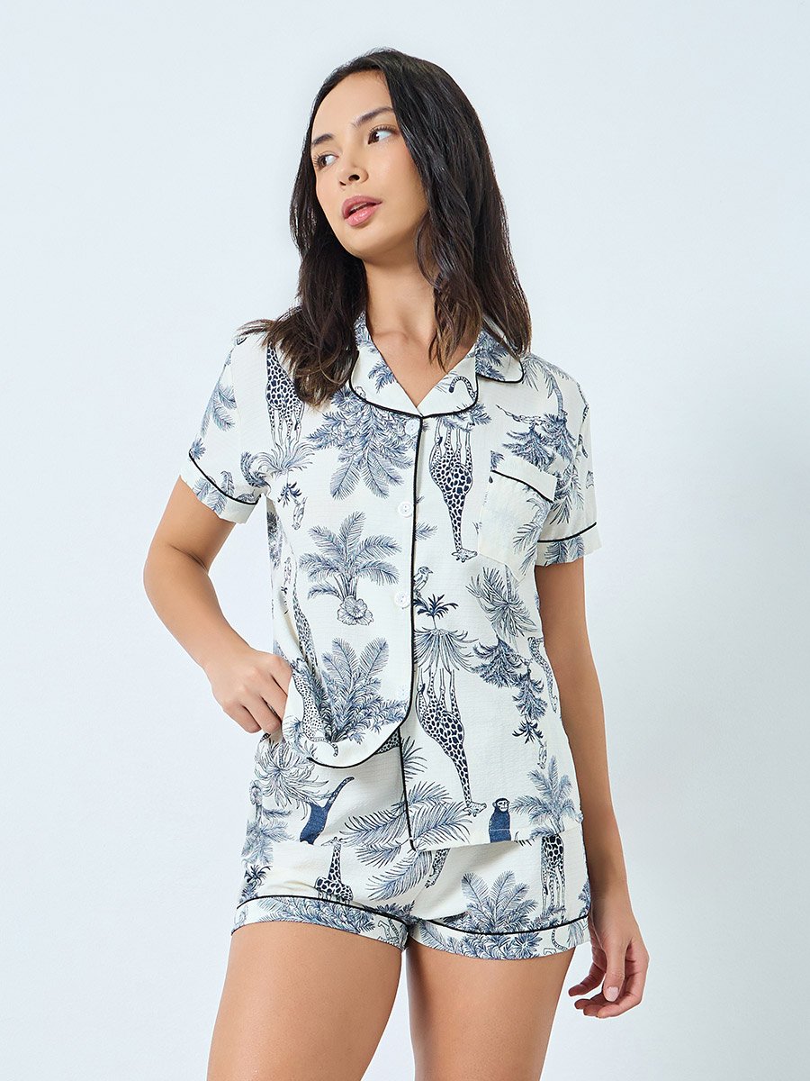 White Safari Print Piped Shirt and Shorts Set