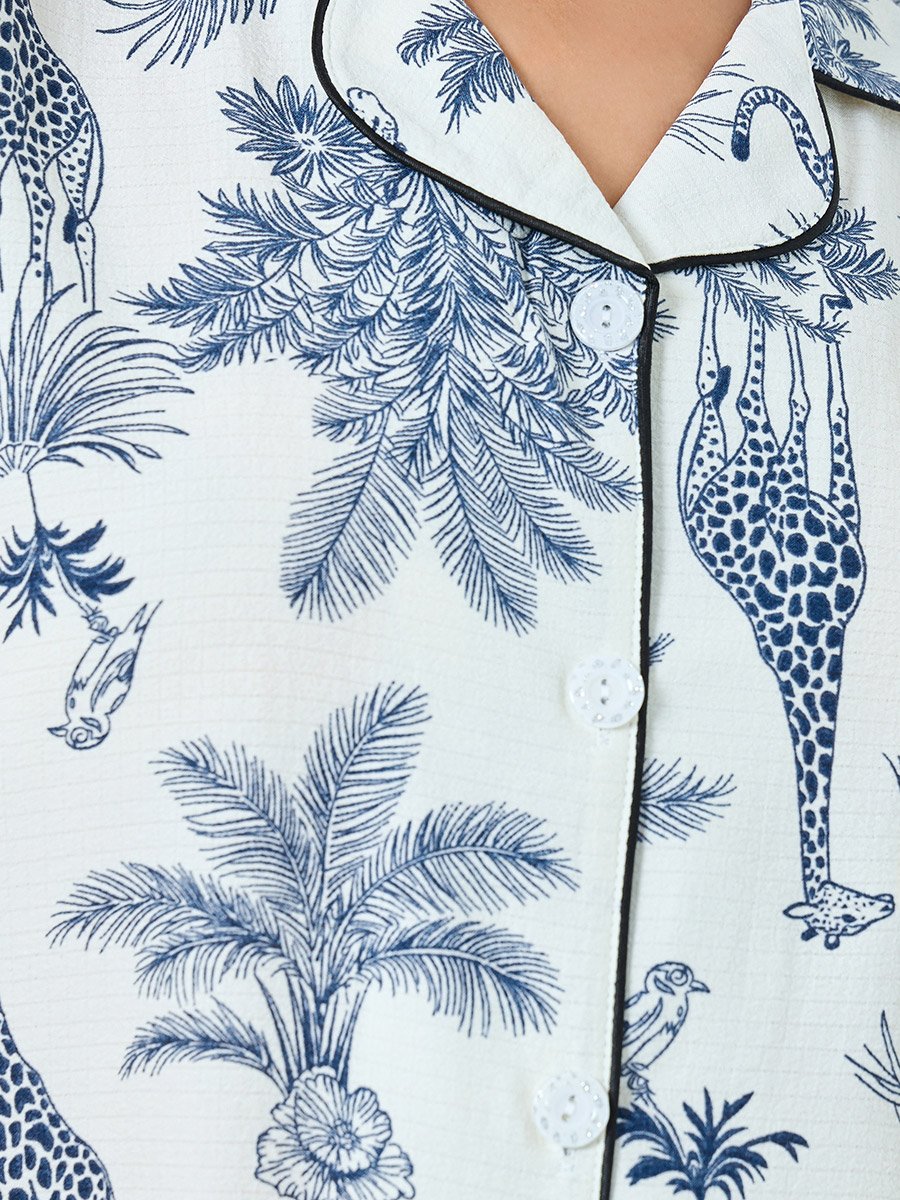 White Safari Print Piped Shirt and Shorts Set