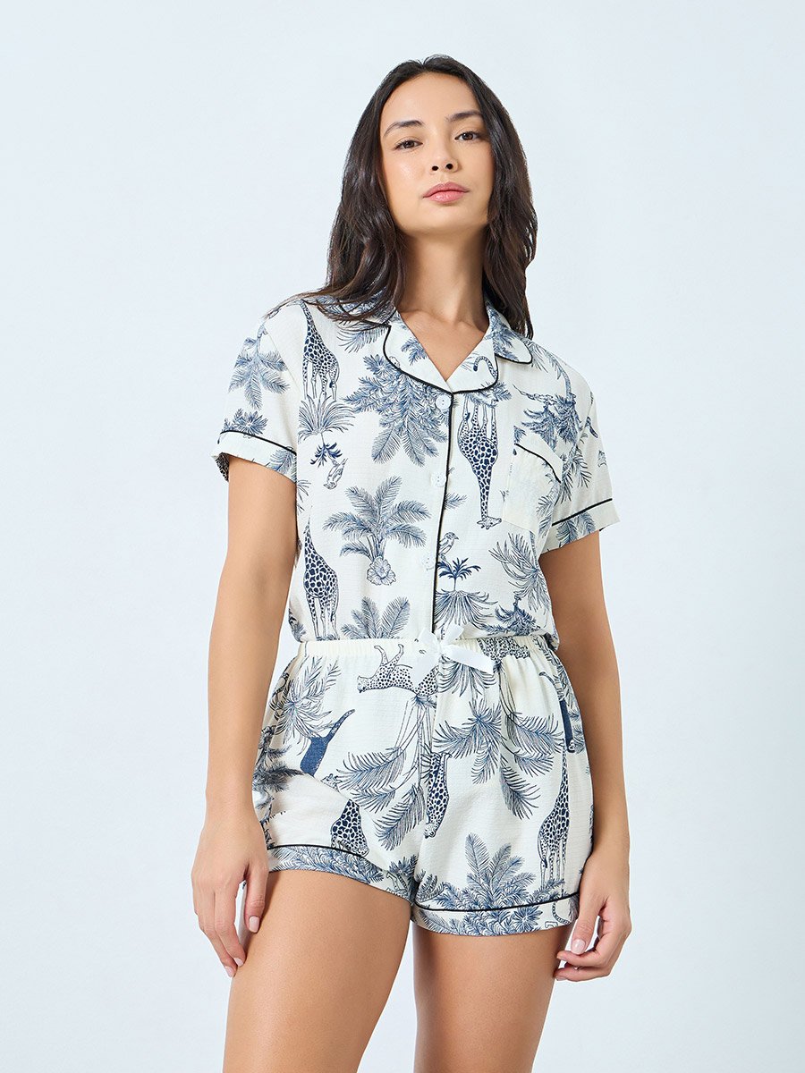 White Safari Print Piped Shirt and Shorts Set