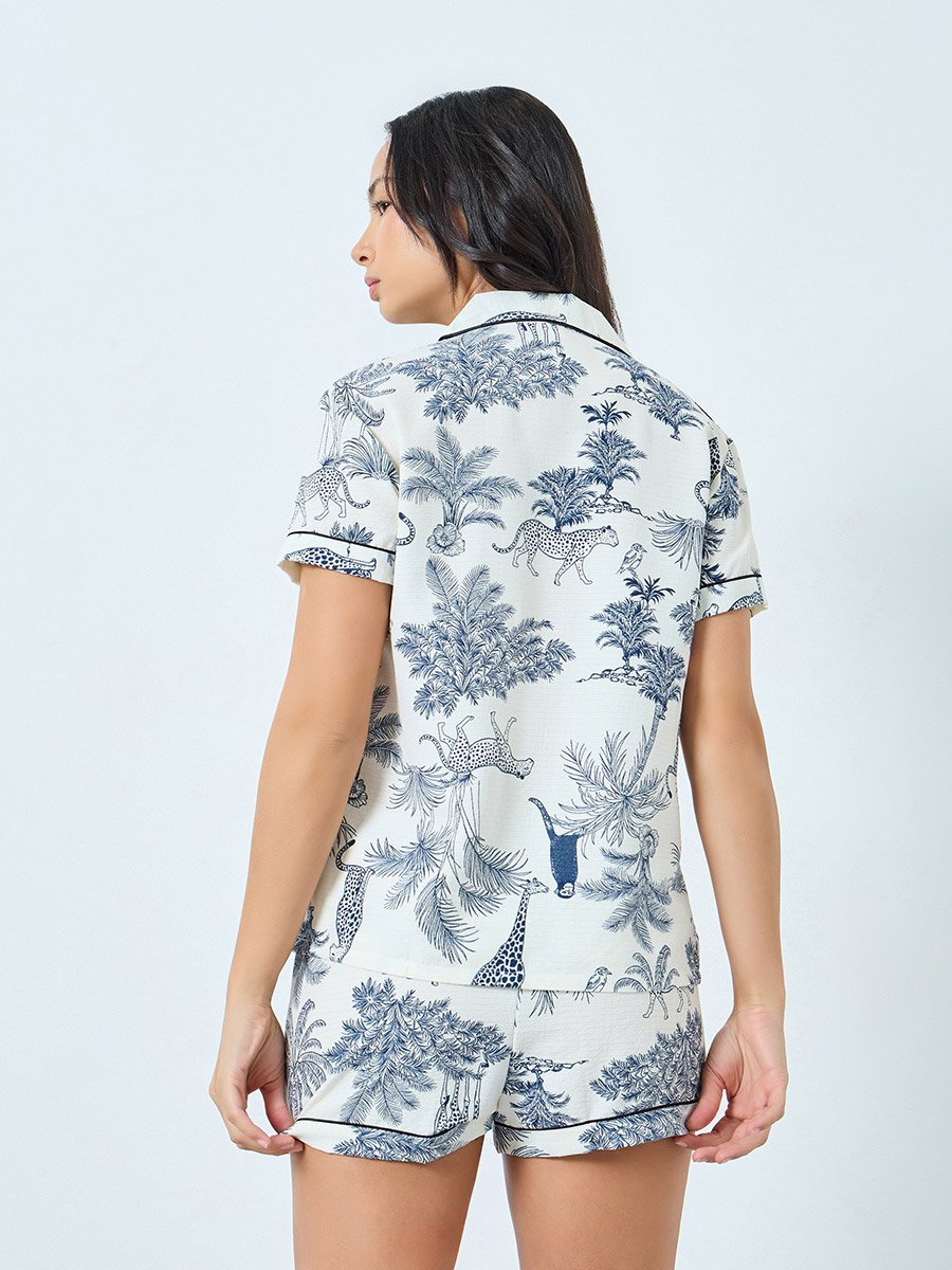 White Safari Print Piped Shirt and Shorts Set