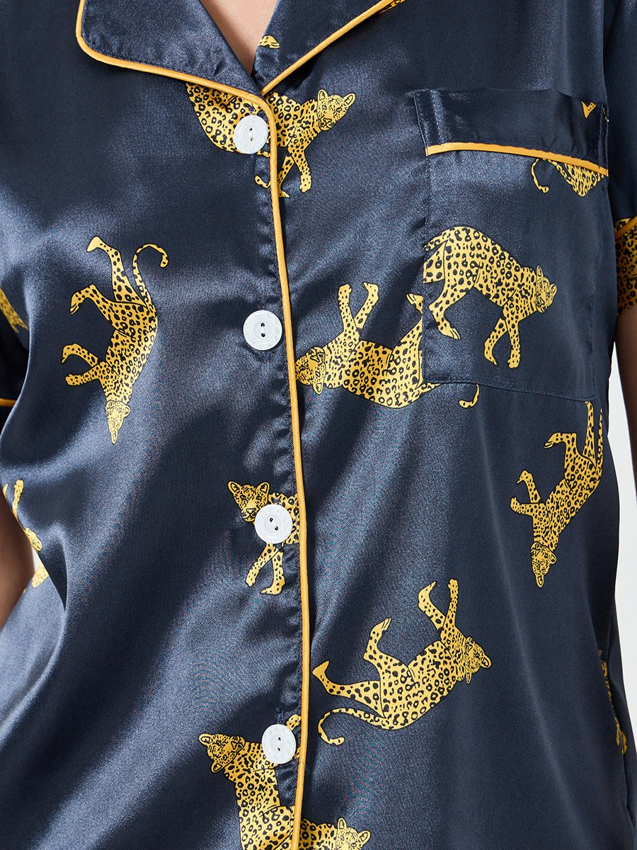 Navy Blue Leopard Print Shirt and Shorts Set