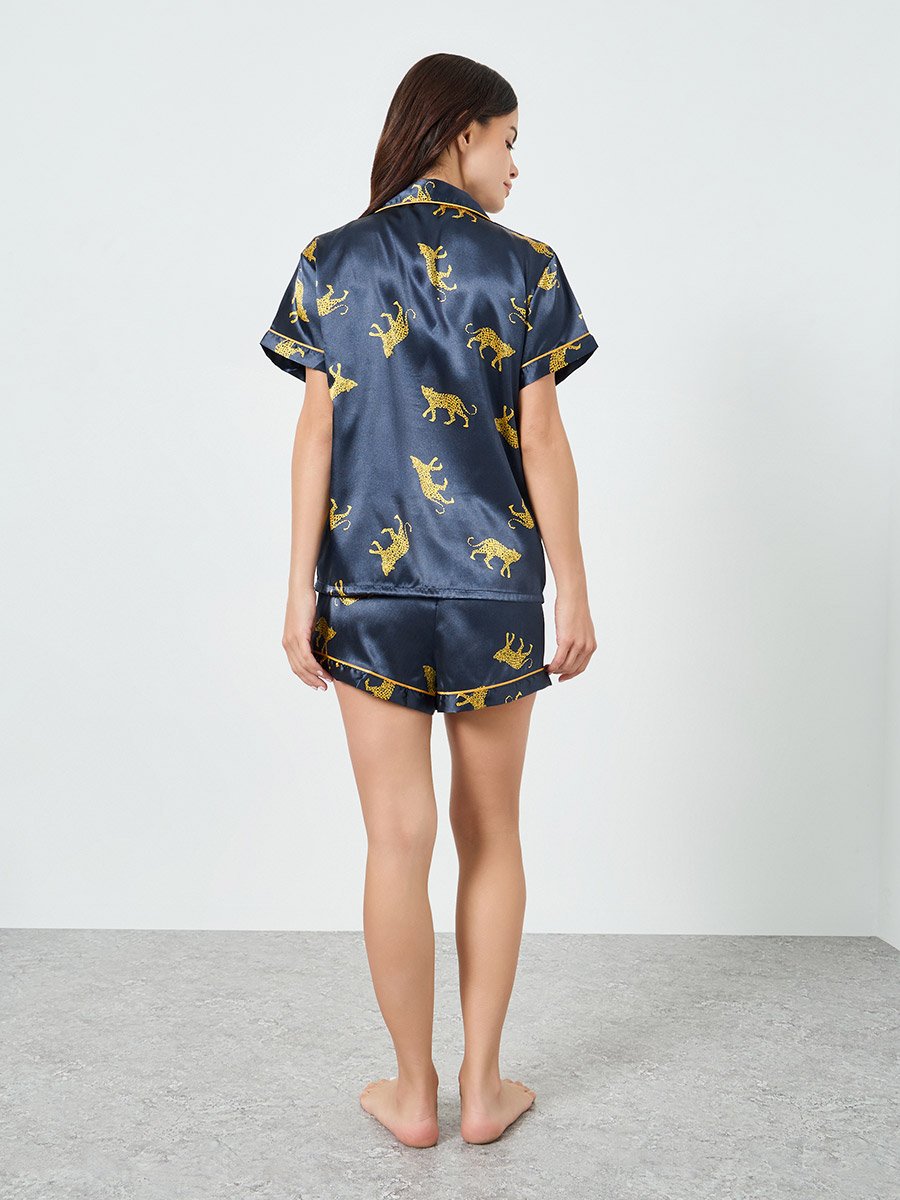 Navy Blue Leopard Print Shirt and Shorts Set