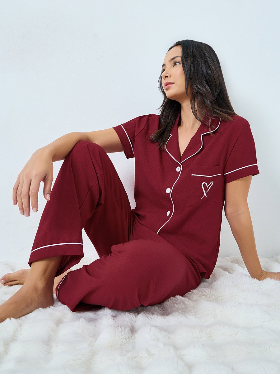 Burgundy Heart Pocket Detail Shirt and Pyjama Set