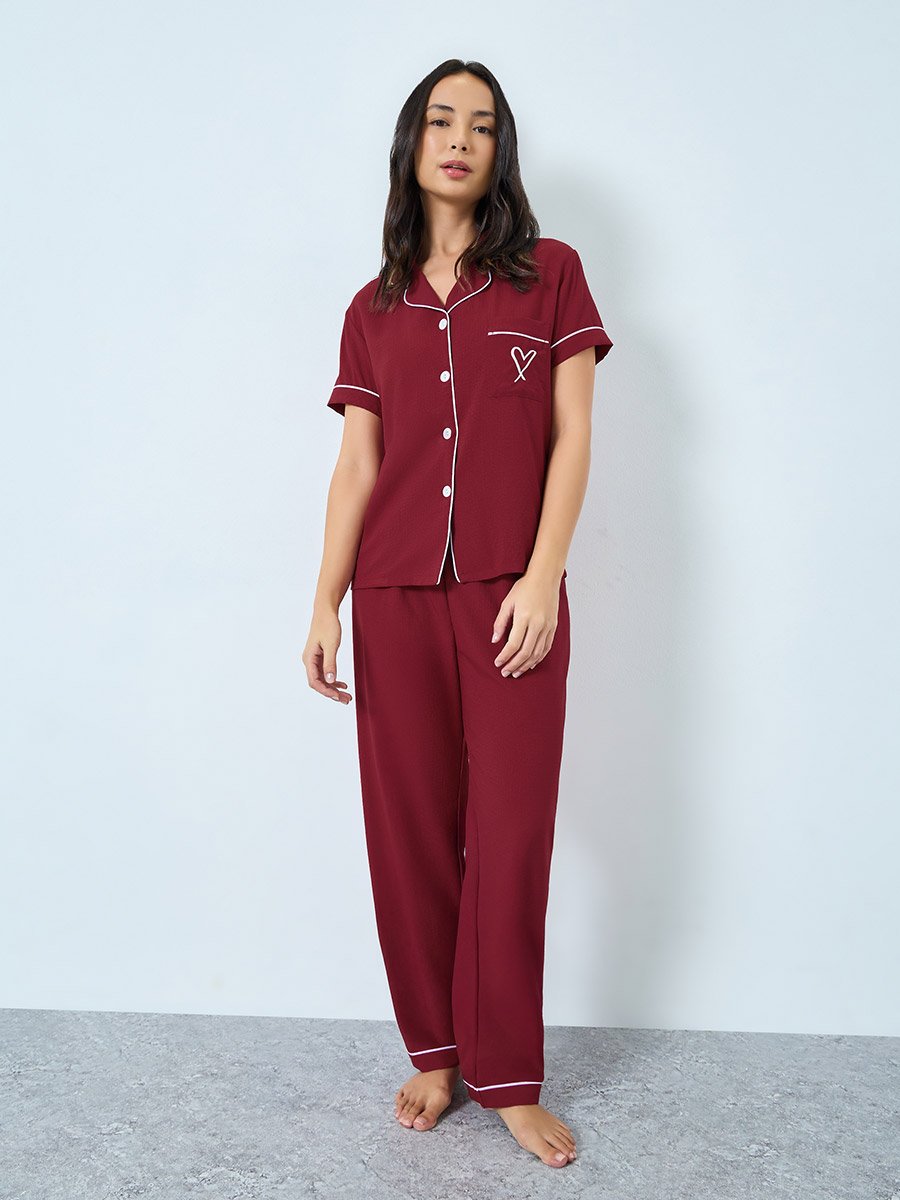 Burgundy Heart Pocket Detail Shirt and Pyjama Set