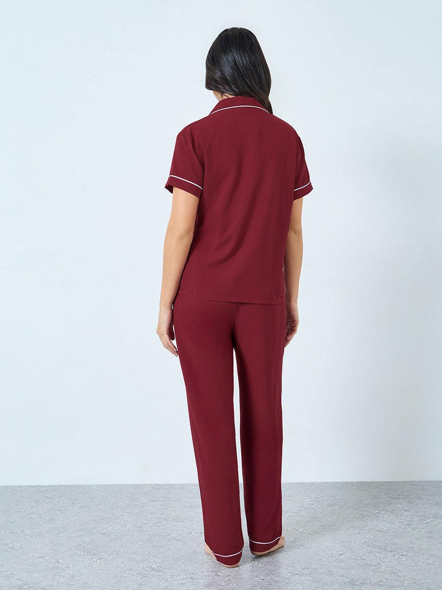 Burgundy Heart Pocket Detail Shirt and Pyjama Set