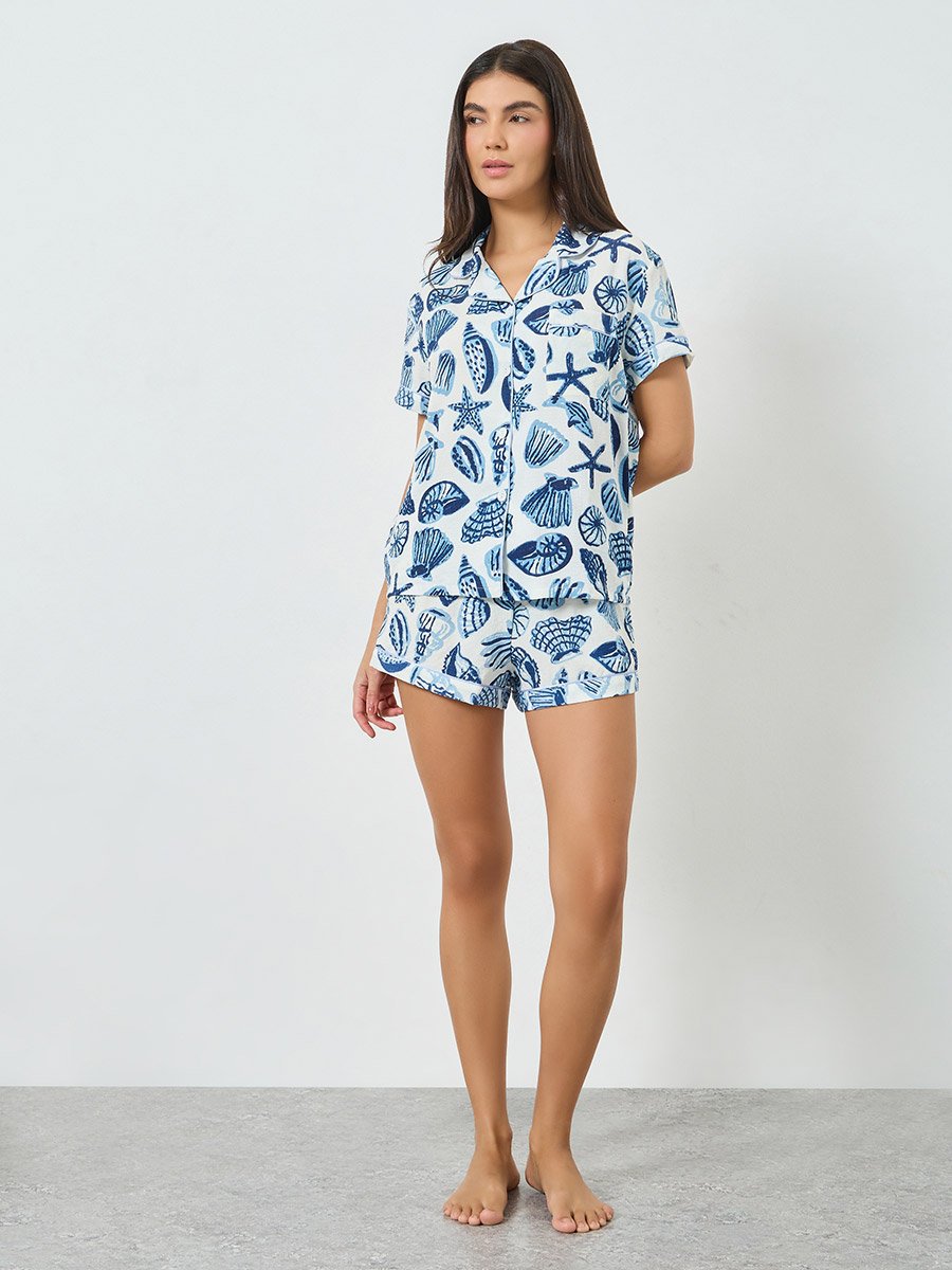 Blue Seashell Print Shirt and Shorts Set