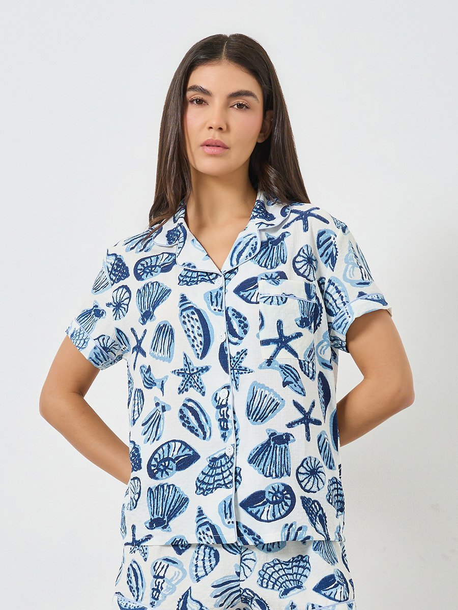 Blue Seashell Print Shirt and Shorts Set