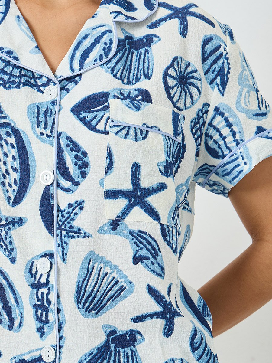 Blue Seashell Print Shirt and Shorts Set