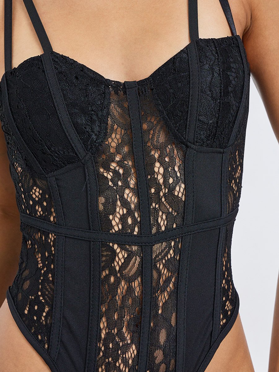Black Apex Strap Non Padded Wired Floral Lace Panelled Bodysuit with Mesh Back