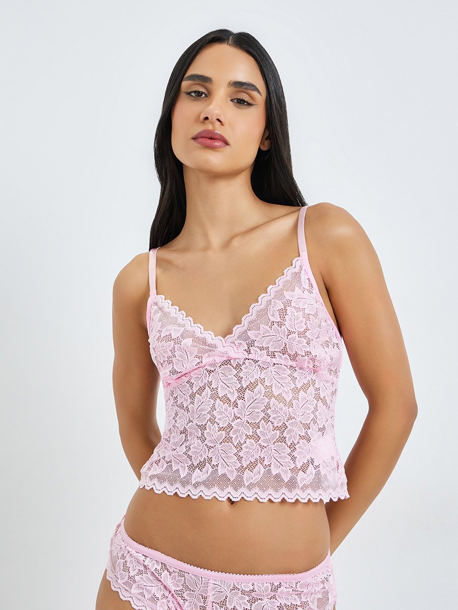 Floral Lace Cami Top and Thong Brief Set