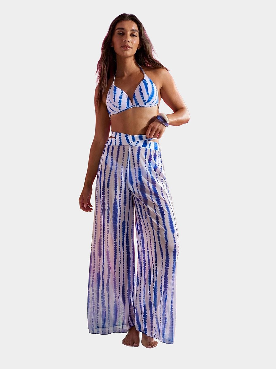 Pack of 3 - Abstract Print Balconette Molded Cup Top with Tie Back Detail, Bikini Brief and Wide Leg Pants