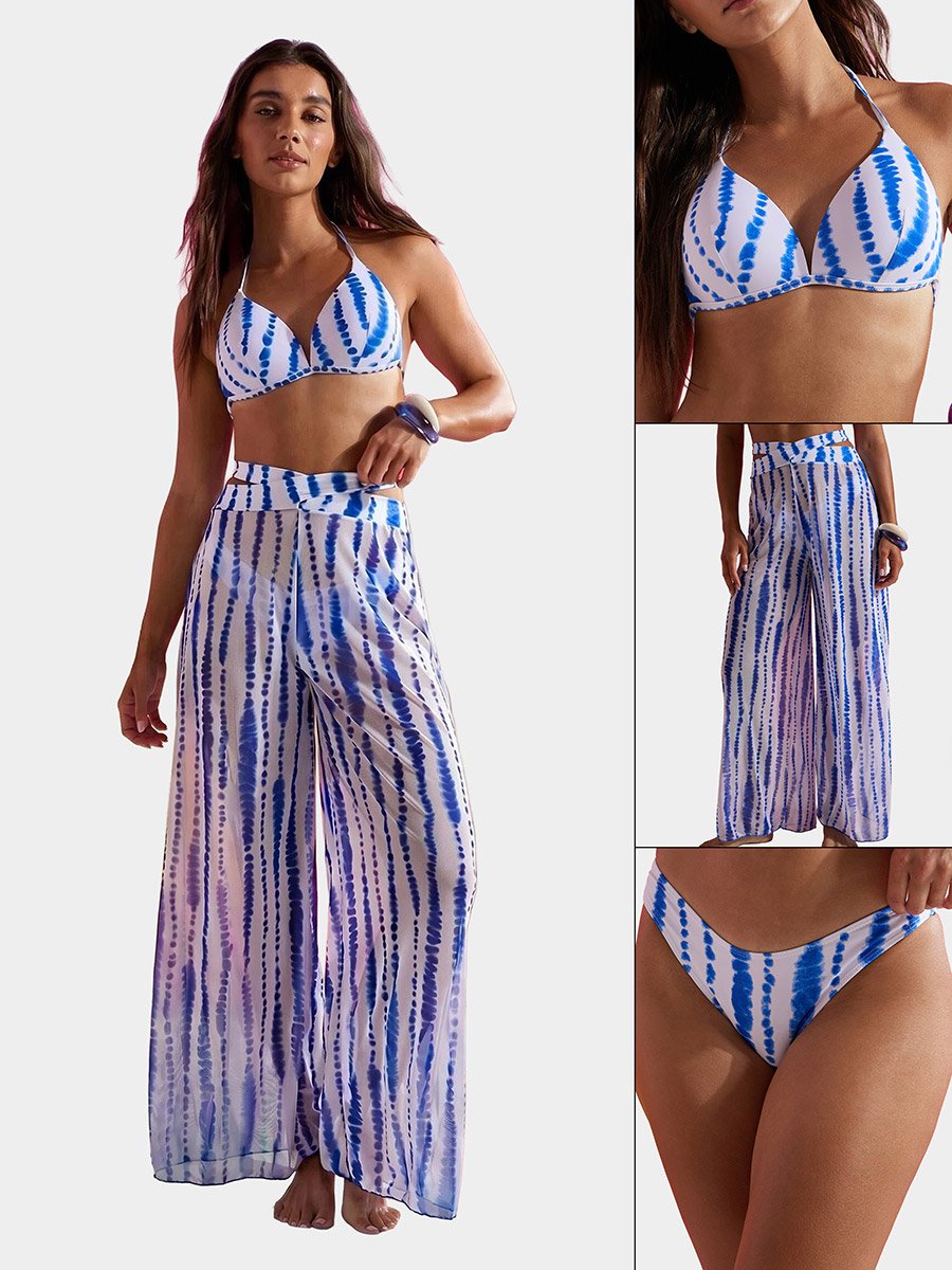 Pack of 3 - Abstract Print Balconette Molded Cup Top with Tie Back Detail, Bikini Brief and Wide Leg Pants