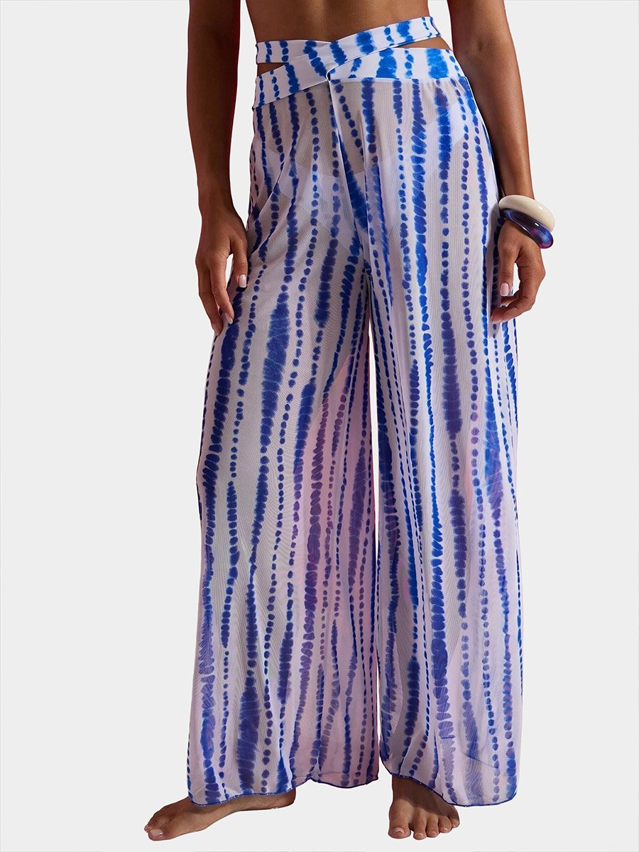 Pack of 3 - Abstract Print Balconette Molded Cup Top with Tie Back Detail, Bikini Brief and Wide Leg Pants