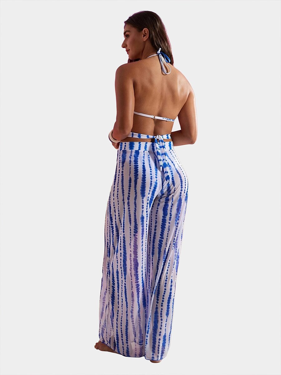 Pack of 3 - Abstract Print Balconette Molded Cup Top with Tie Back Detail, Bikini Brief and Wide Leg Pants