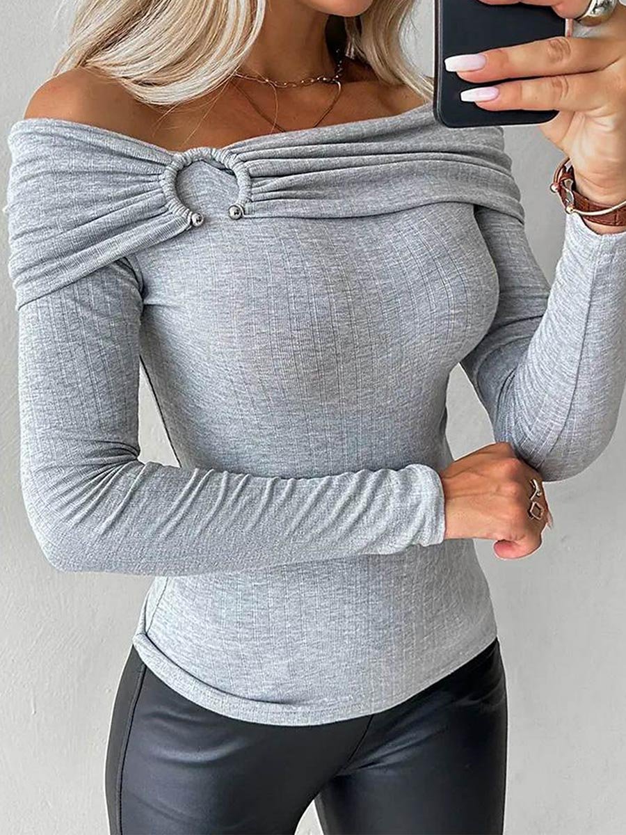 Grey Off-Shoulder Long Sleeve Top