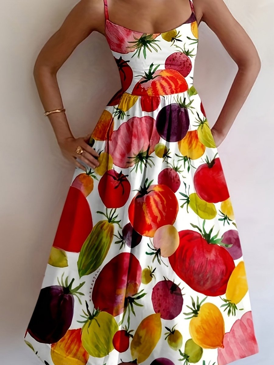 All Over Tomato Print Strappy Midi Dress
