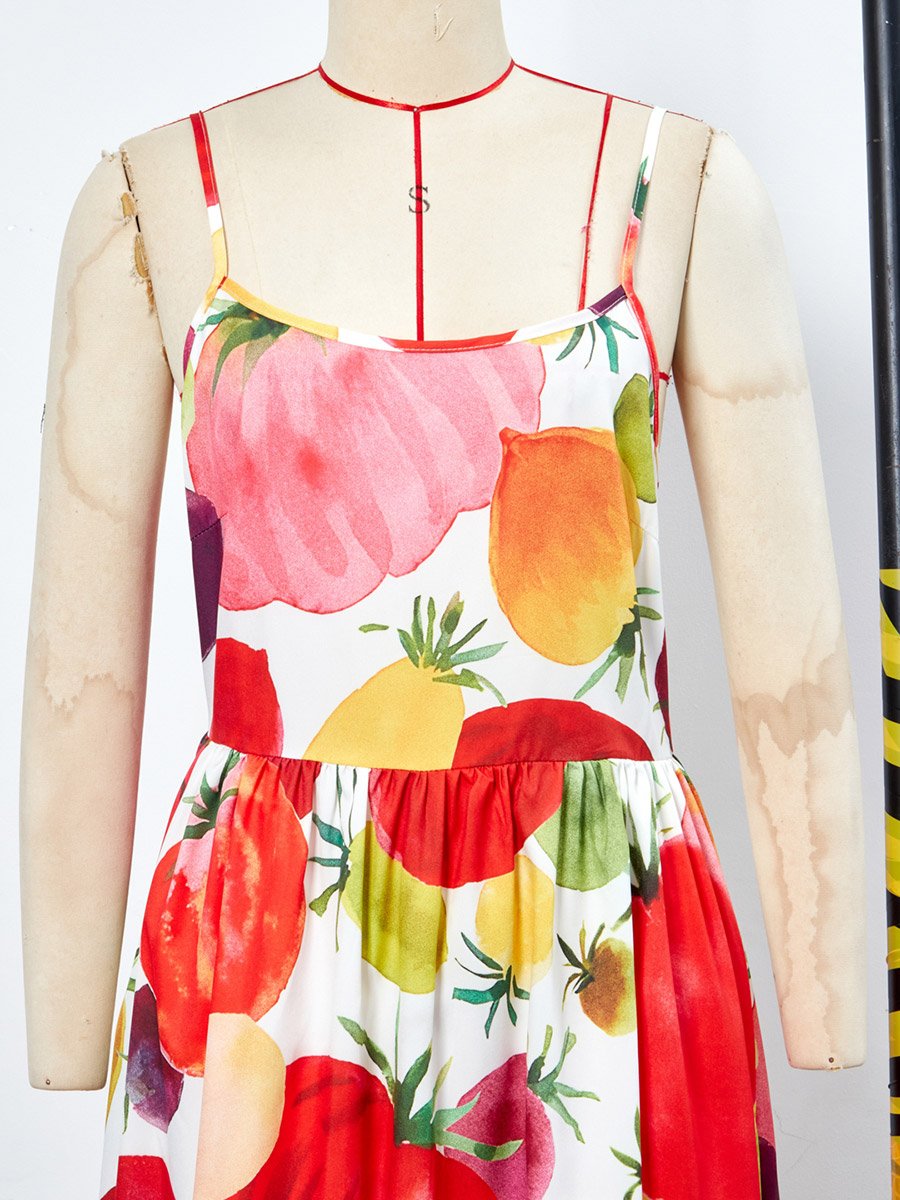 All Over Tomato Print Strappy Midi Dress