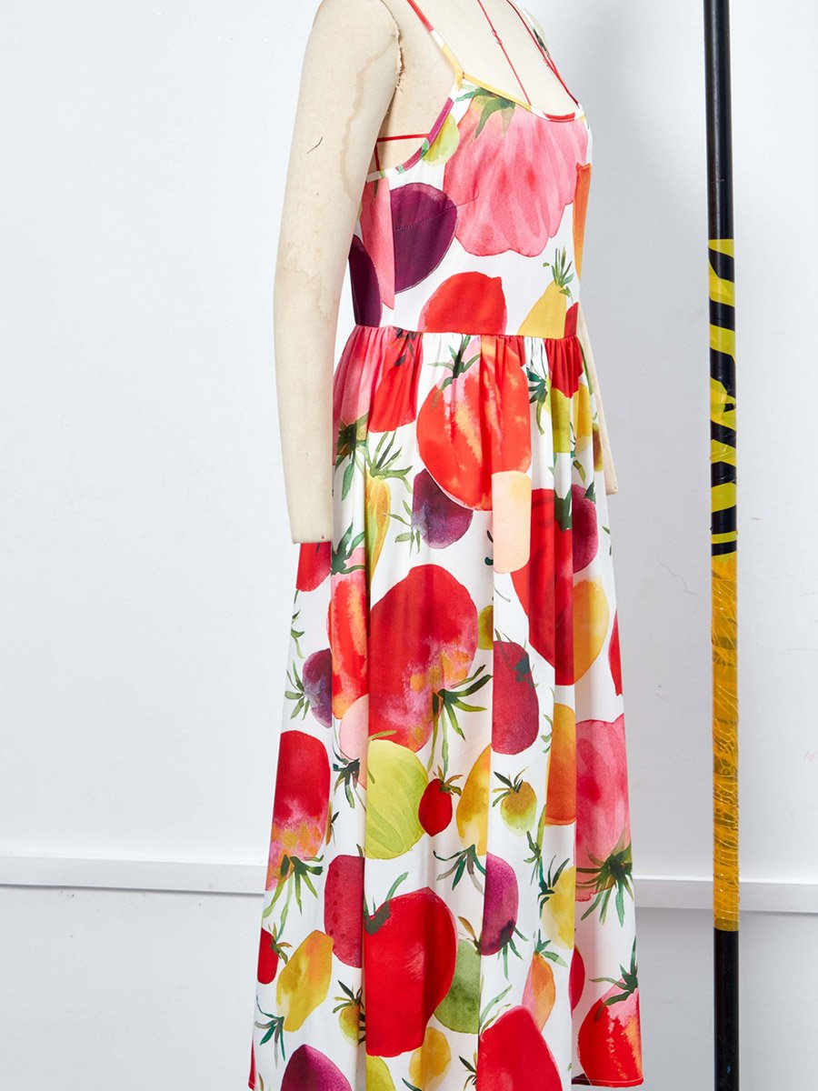 All Over Tomato Print Strappy Midi Dress