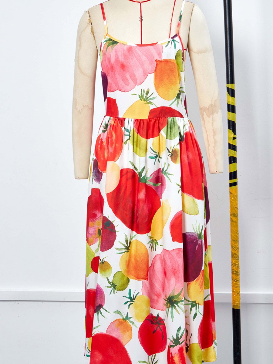 All Over Tomato Print Strappy Midi Dress