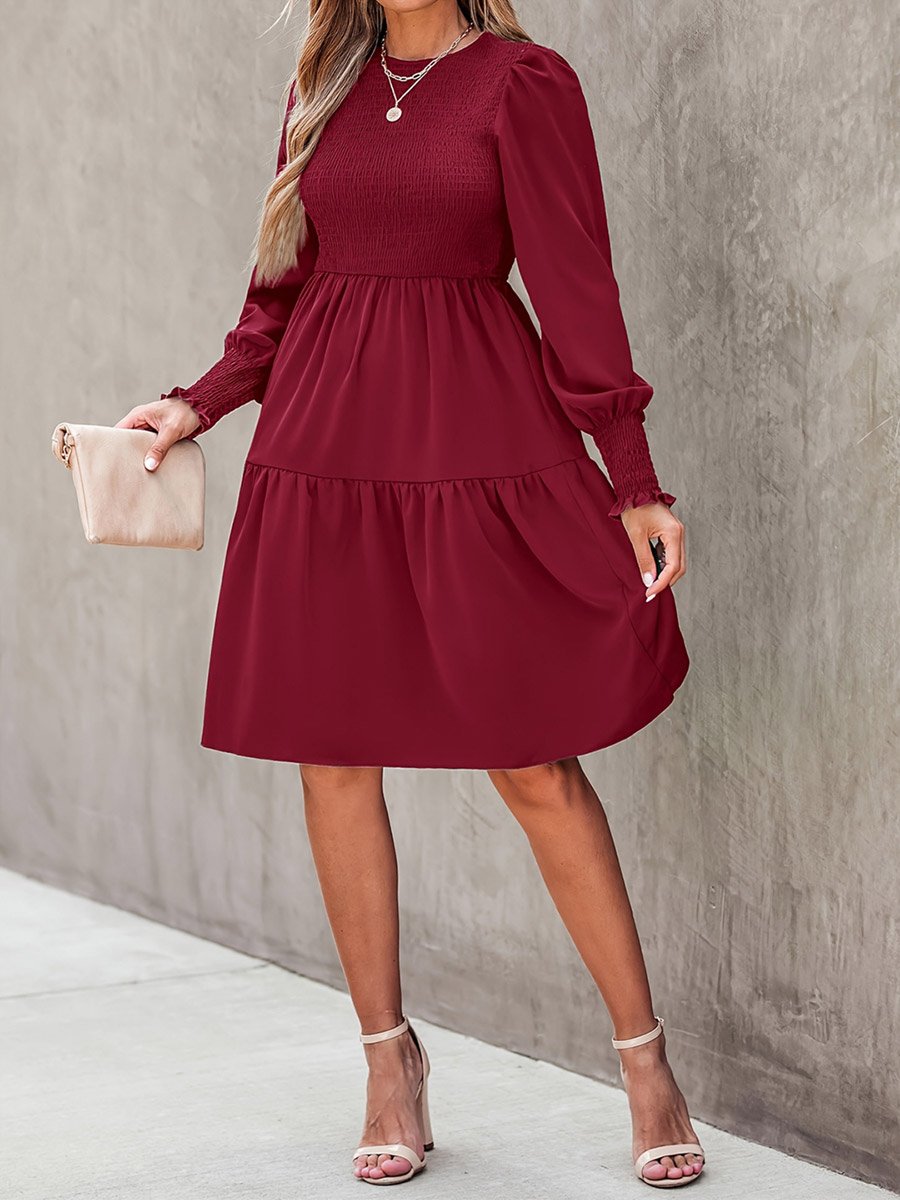 Burgundy Smocked Ruffle Knee-Length Dress
