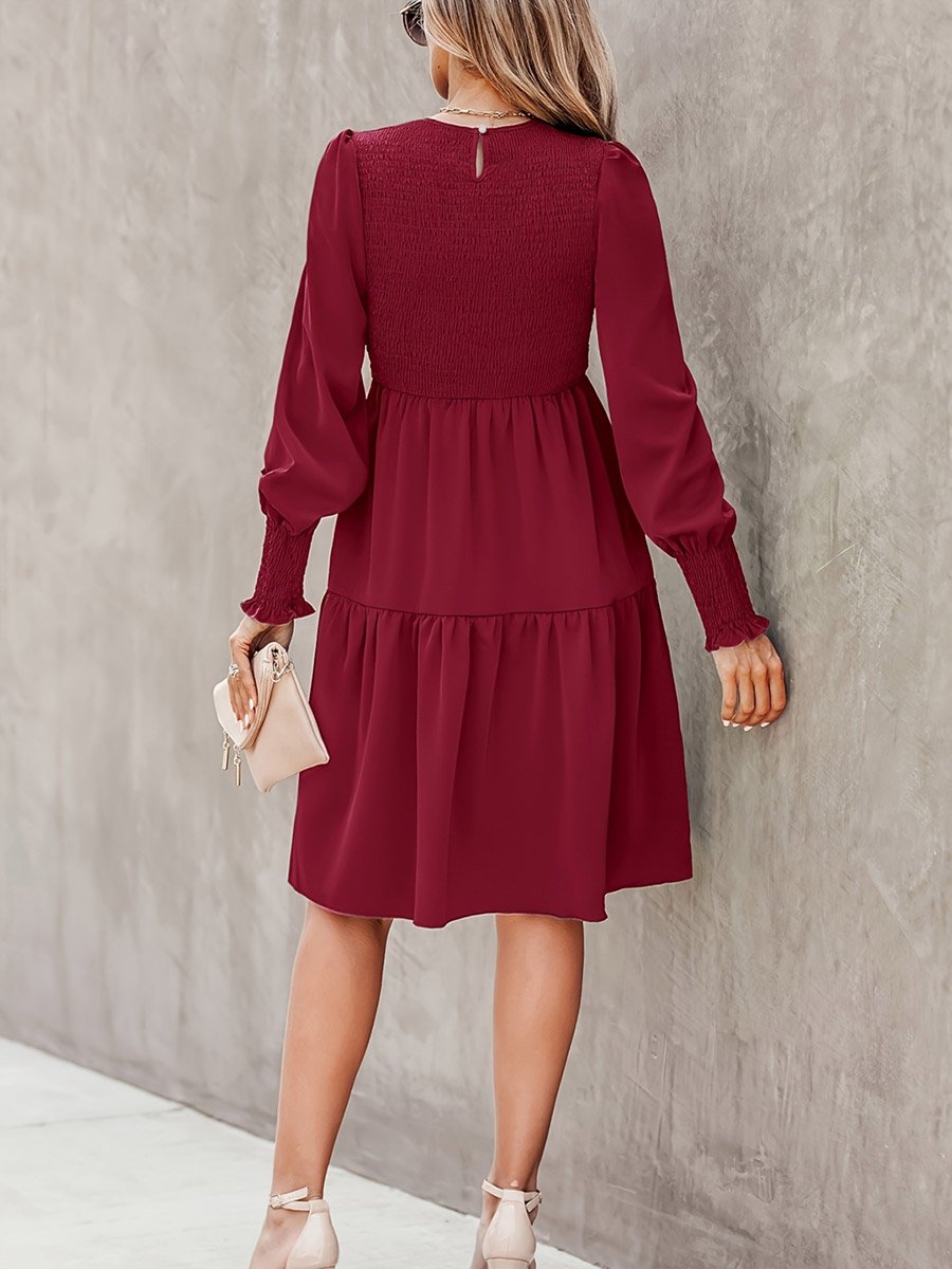 Burgundy Smocked Ruffle Knee-Length Dress