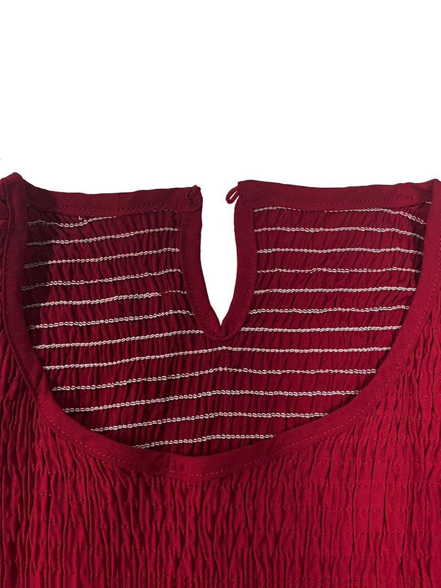 Burgundy Smocked Ruffle Knee-Length Dress