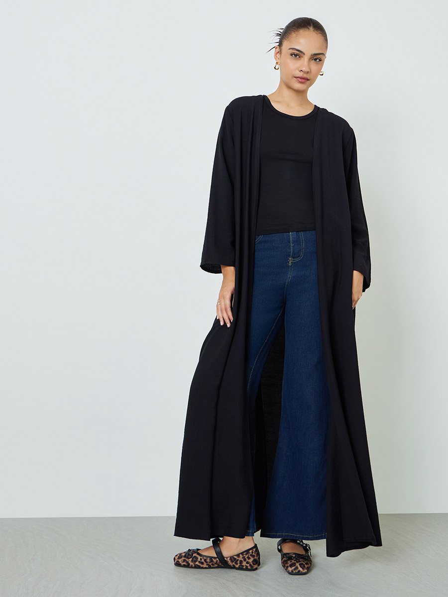 Black Solid Open Front Abaya