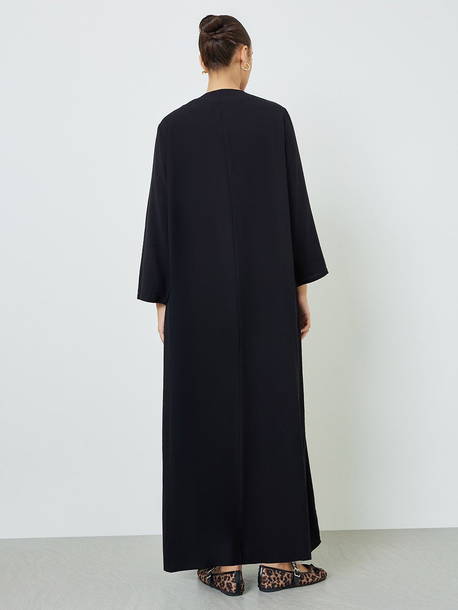 Black Solid Open Front Abaya