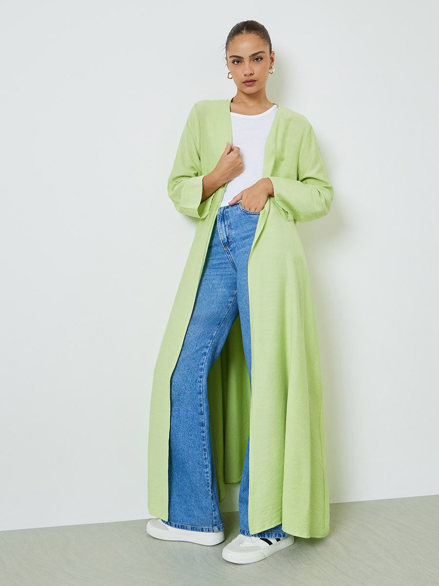 Green Solid Front Open Abaya