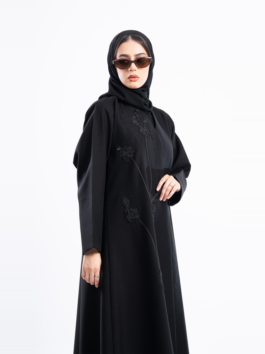 Black Rose Embroidery Wasal Abaya with Hijab