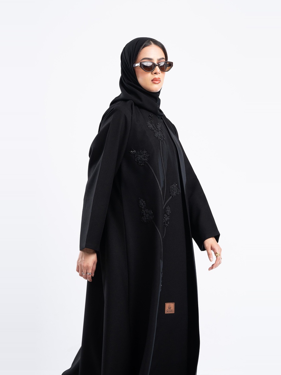 Black Rose Embroidery Wasal Abaya with Hijab
