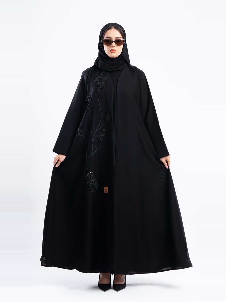 Black Rose Embroidery Wasal Abaya with Hijab