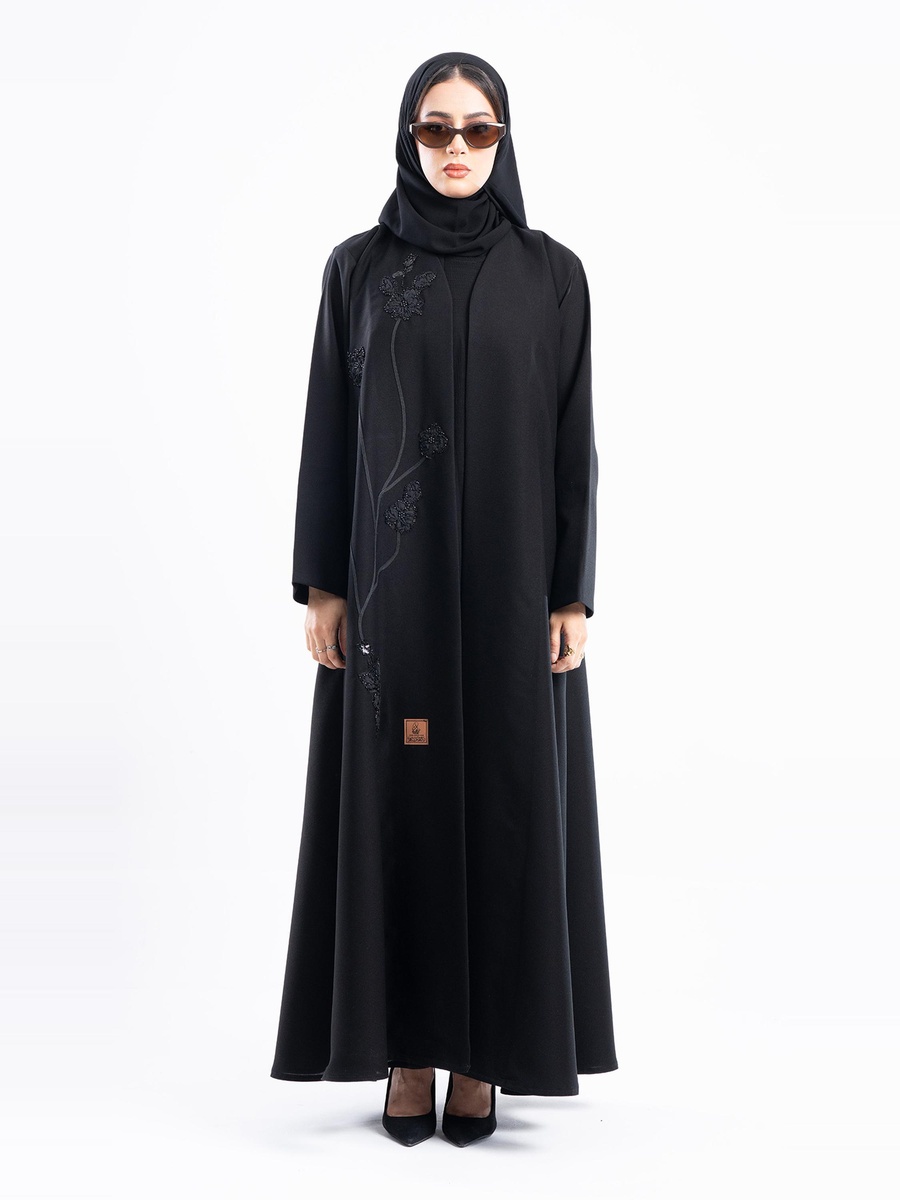 Black Rose Embroidery Wasal Abaya with Hijab