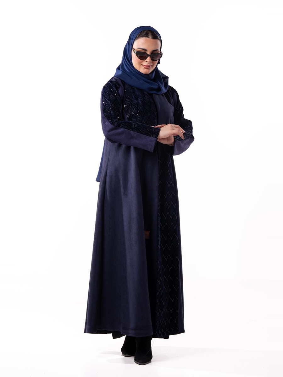 Embellished Winter Abaya with Velvet Panel with Hijab