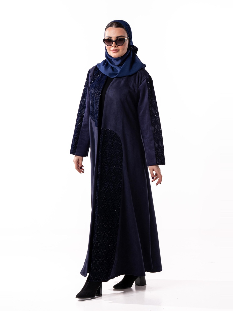 Embellished Winter Abaya with Velvet Panel with Hijab