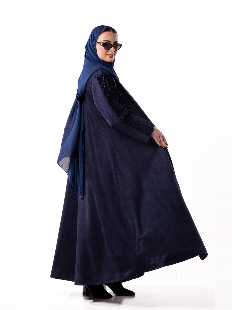 Embellished Winter Abaya with Velvet Panel with Hijab