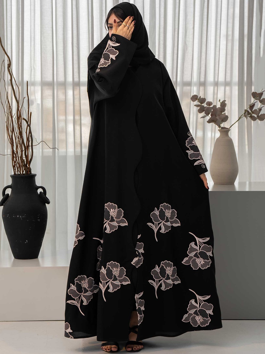Floral Insert Open Front Abaya with Hijab