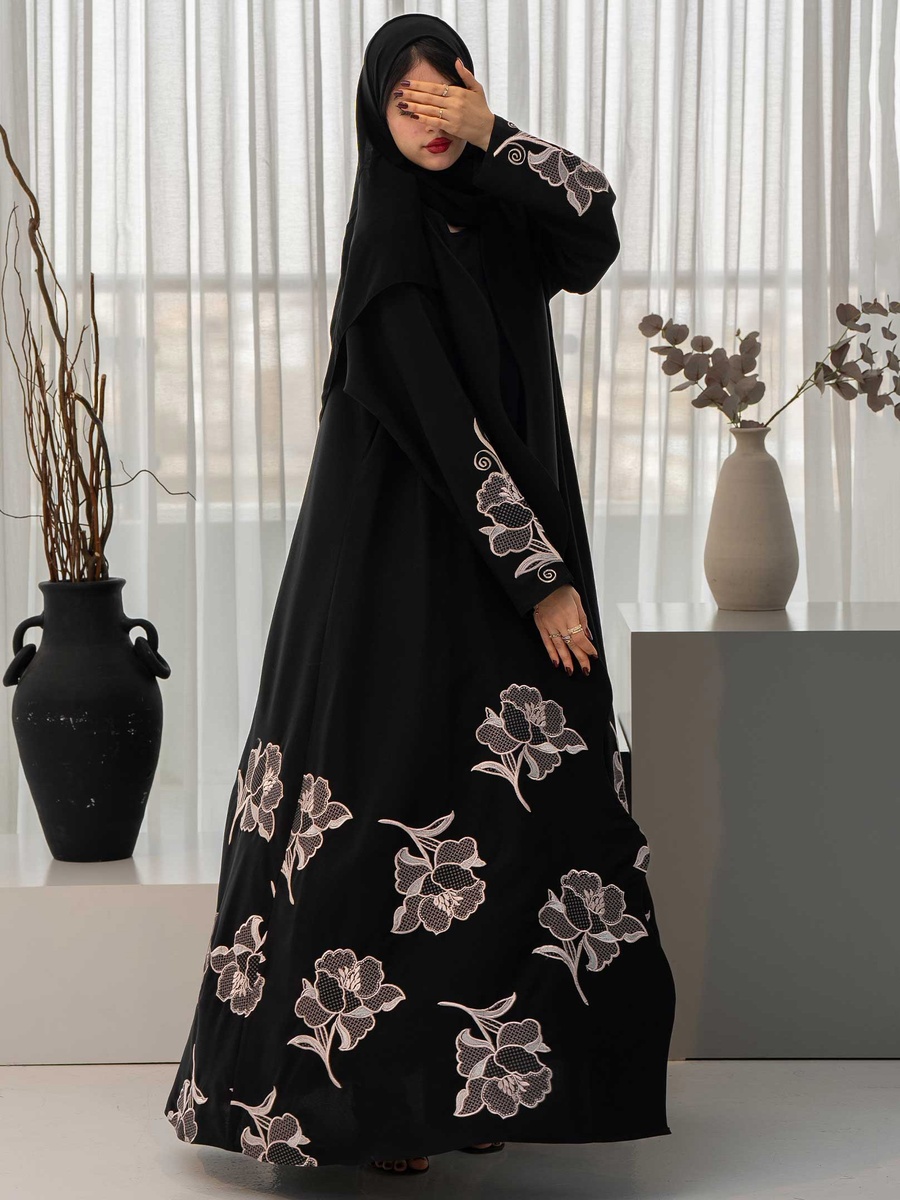 Floral Insert Open Front Abaya with Hijab