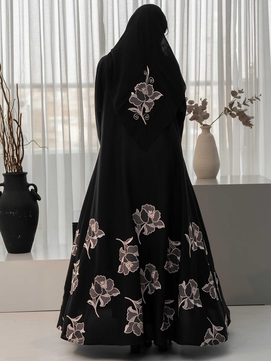 Floral Insert Open Front Abaya with Hijab