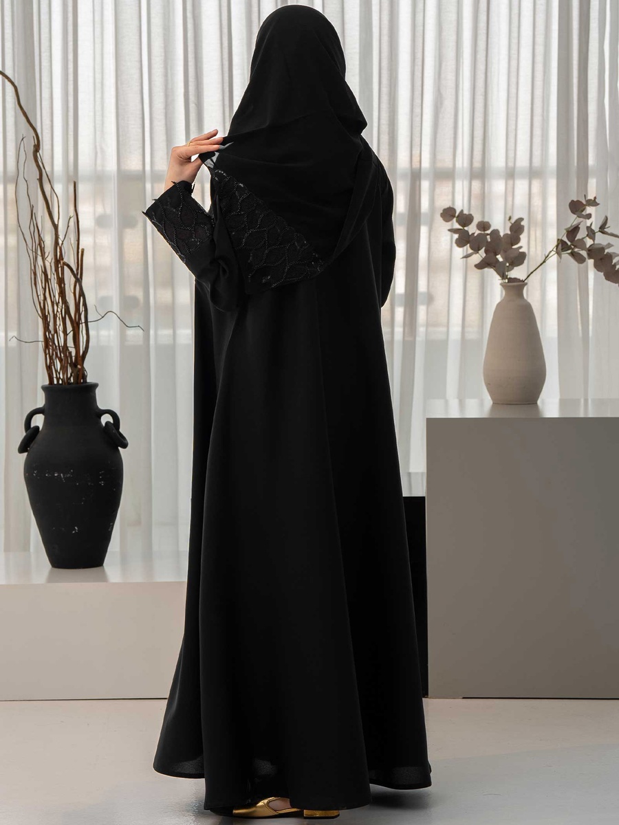 Floral Insert Open Front Abaya with Hijab