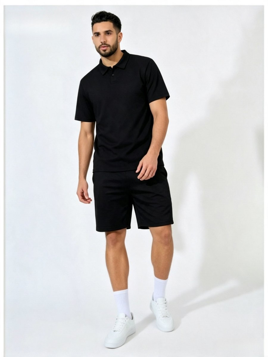 Men Black Textured Short Sleeve Polo T-Shirt and Shorts Co-Ords