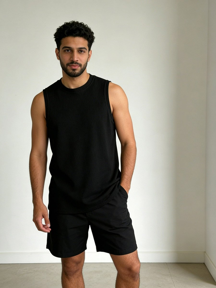 Men Black Solid Round Neck Tank and Shorts Co-Ords