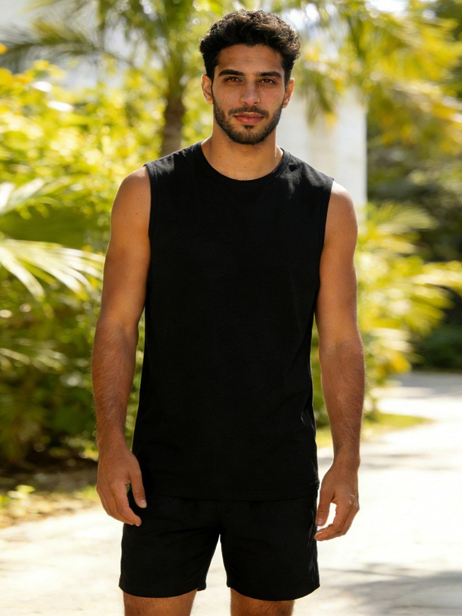 Men Black Solid Round Neck Tank and Shorts Co-Ords