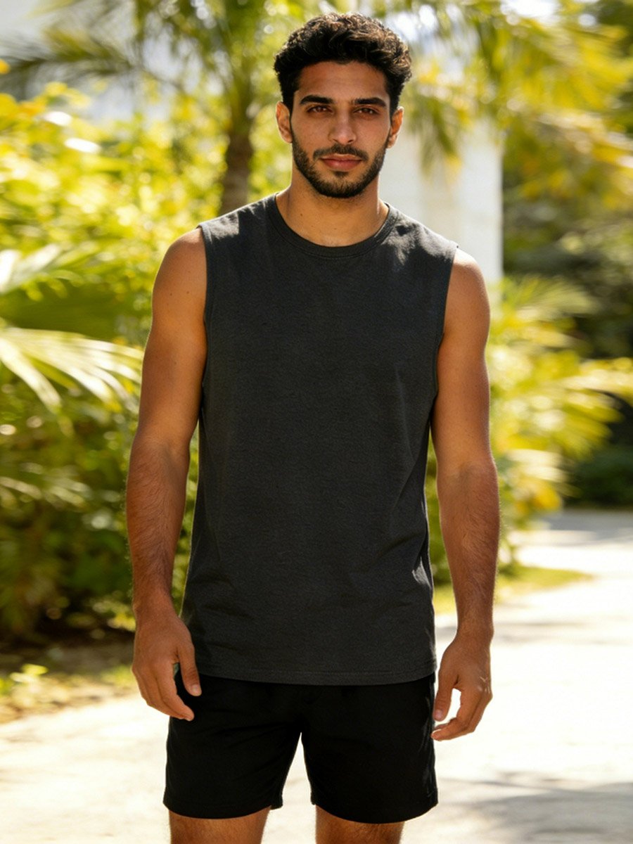 Men Charcoal Solid Round Neck Tank and Shorts Co-Ords