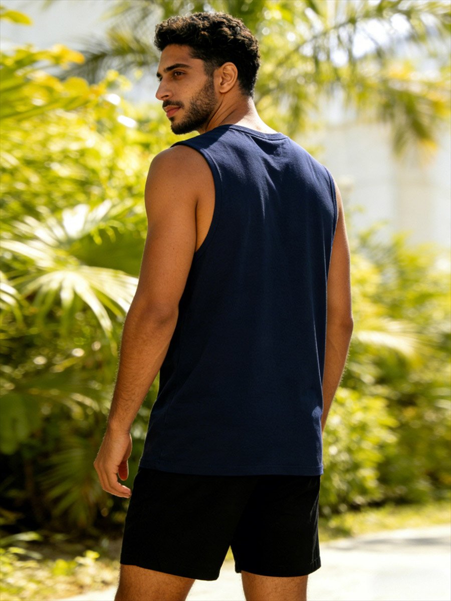 Men Dark Blue Printed Round Neck Tank and Shorts Co-Ords