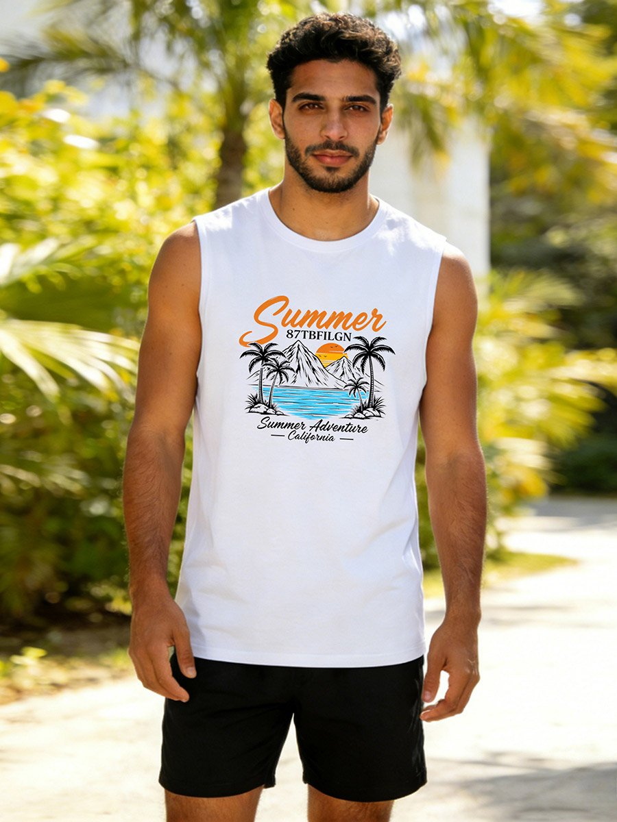 Men White Graphic Print Round Neck Tank and Shorts Co-Ords