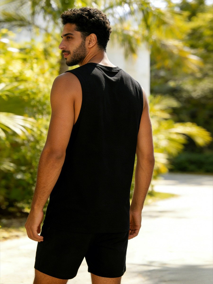 Men Black Text Print Round Neck Tank and Shorts Co-Ords