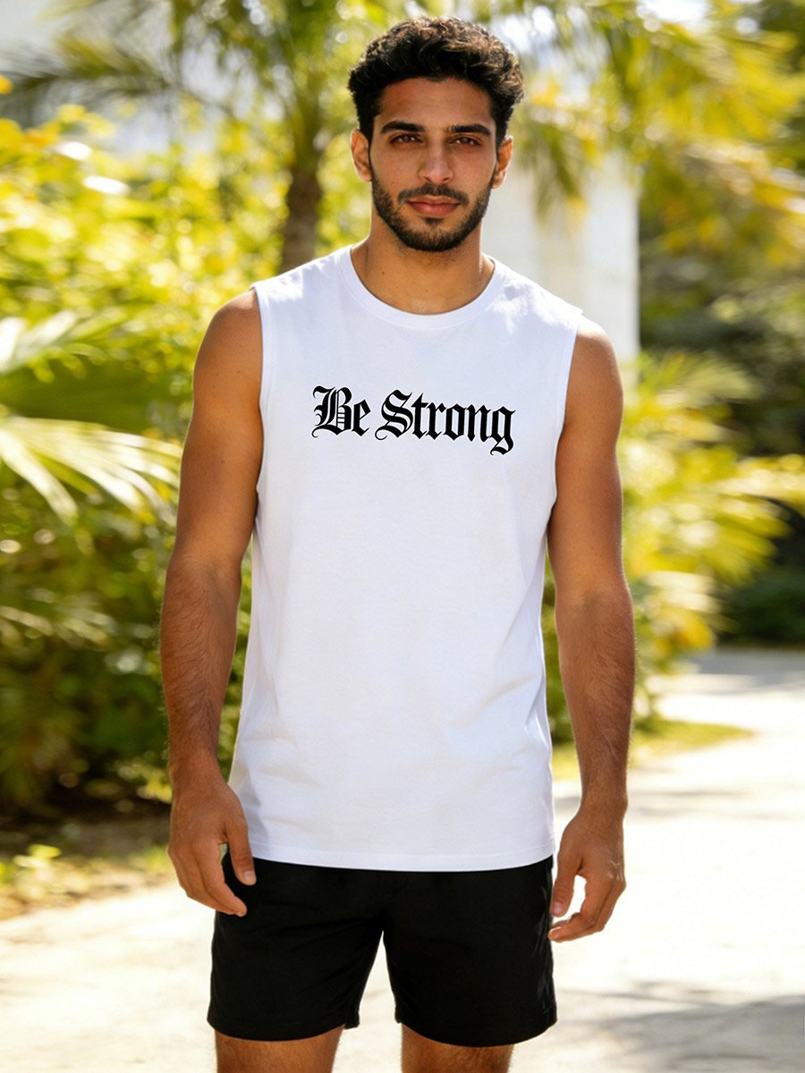 Men White Text Print Round Neck Tank and Shorts Co-Ords